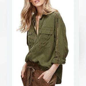 Free People Off Campus Olive Green Button Down Shirt with Metallic Detail